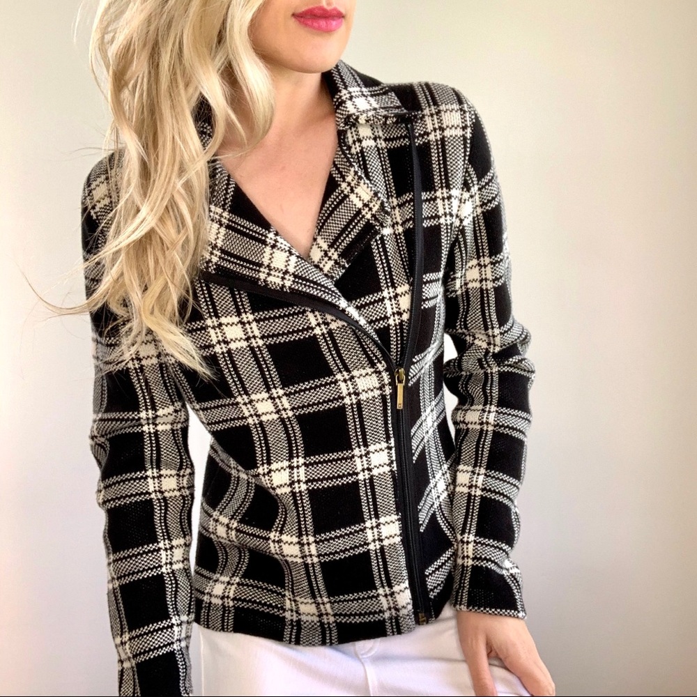 Chaps Black & Off White Plaid Sweater Jacket S